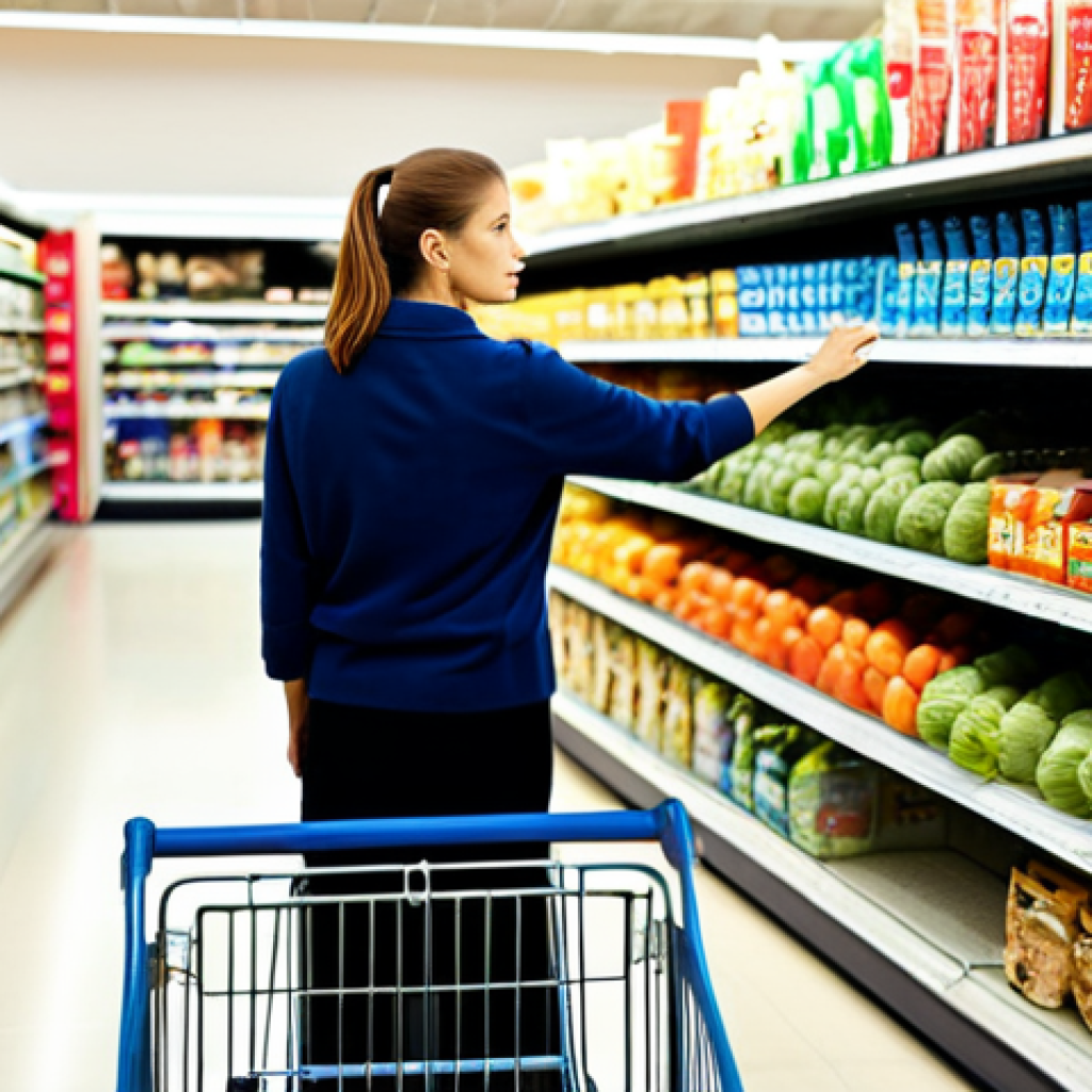 A diverse adult individual, fully clothed in professional yet comfortable attire, stands thoughtfully in a brightly lit supermarket aisle. They are looking at a nearly empty shopping cart, with a few staple groceries inside, their expression conveying a mix of concern and determination regarding rising prices. The background shows blurred shelves filled with various products, emphasizing the consumer experience. This image should have perfect anatomy, correct proportions, a natural pose, well-formed hands, proper finger count, and natural body proportions. The content is safe for work, appropriate content, and family-friendly.