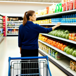 A diverse adult individual, fully clothed in professional yet comfortable attire, stands thoughtfully in a brightly lit supermarket aisle. They are looking at a nearly empty shopping cart, with a few staple groceries inside, their expression conveying a mix of concern and determination regarding rising prices. The background shows blurred shelves filled with various products, emphasizing the consumer experience. This image should have perfect anatomy, correct proportions, a natural pose, well-formed hands, proper finger count, and natural body proportions. The content is safe for work, appropriate content, and family-friendly.