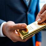 A close-up shot of a professional's hand gently holding a small, gleaming gold bar. In the blurred background, abstract representations of economic charts indicate fluctuating markets and unexpected inflation, alongside subtle, serene depictions of global stability. The hand is part of a fully clothed individual in a modest business suit. The scene conveys a sense of security and a safe haven amidst economic uncertainty. professional dress, perfect anatomy, correct proportions, natural pose, well-formed hands, proper finger count, natural body proportions, safe for work, appropriate content, family-friendly, high quality, professional photography, studio lighting, sharp focus, clean composition.