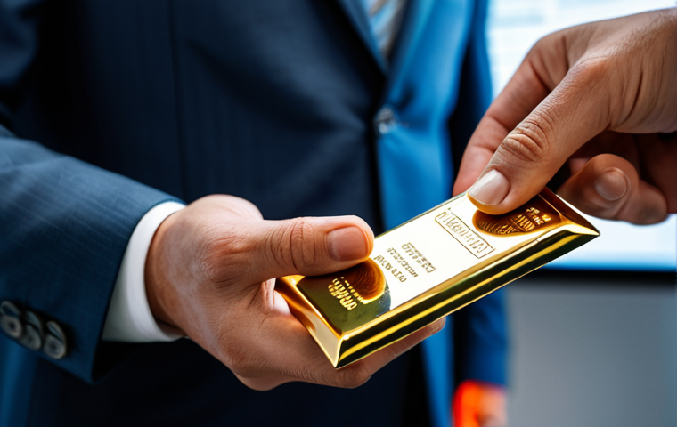 A close-up shot of a professional's hand gently holding a small, gleaming gold bar. In the blurred background, abstract representations of economic charts indicate fluctuating markets and unexpected inflation, alongside subtle, serene depictions of global stability. The hand is part of a fully clothed individual in a modest business suit. The scene conveys a sense of security and a safe haven amidst economic uncertainty. professional dress, perfect anatomy, correct proportions, natural pose, well-formed hands, proper finger count, natural body proportions, safe for work, appropriate content, family-friendly, high quality, professional photography, studio lighting, sharp focus, clean composition.