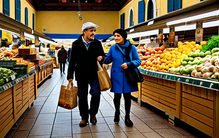 "A family-friendly scene depicting a modern Italian family in appropriate attire, shopping for groceries at a local market in Florence, fully clothed, safe for work, perfect anatomy, natural pose, warm lighting, professional photography, high quality, modest."